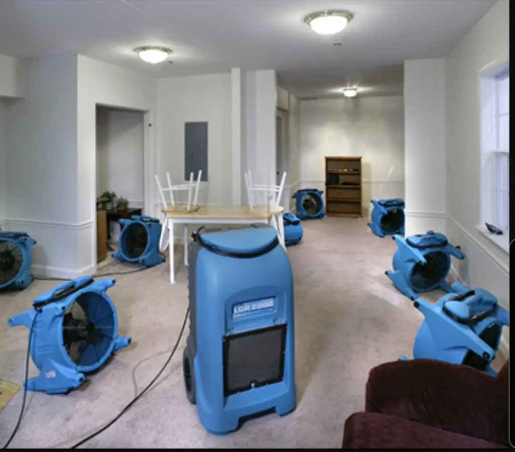 Air movers and dehumidifier setup for Water Damage Restoration in Montgomery Village